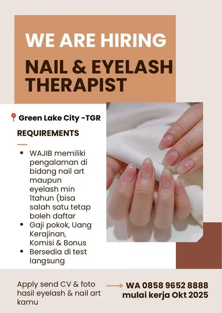 DIBUTUHKAN THERAPIST / BEAUTICIAN EYELASH & NAIL ART BERPENGALAMAN