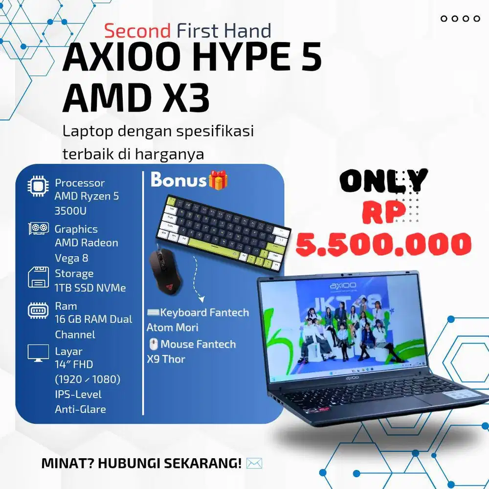 Laptop Second Axioo Ryzen 5 – Spek Tinggi, Bonus Keyboard & Mouse