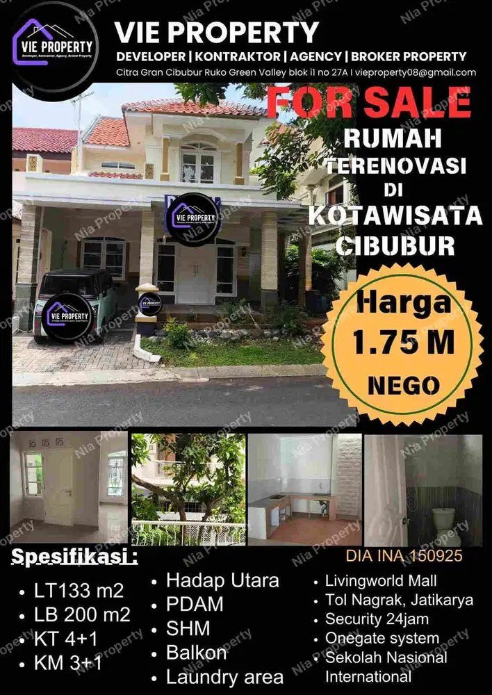 Jual Rumah Cantik Siap Huni 1,750 M Nego. Kota Wisata Cibubur.