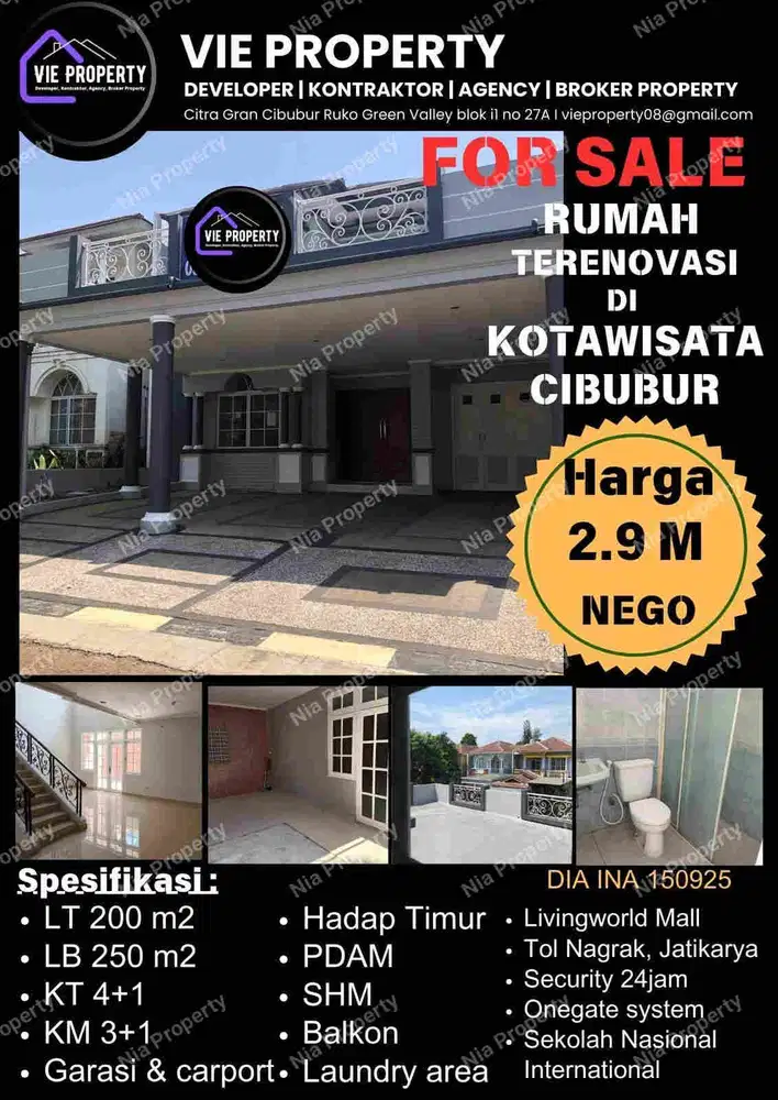 Jual Rumah Cantik Siap Huni 2,9 M Nego. Kota Wisata Cibubur.