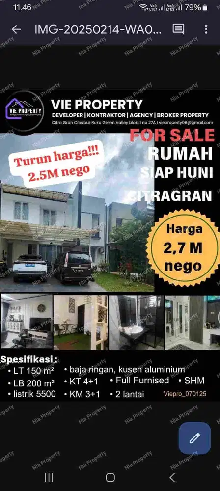 Turun Harga 2,5 M Nego Jual Rumah Cantik Siap Huni. CitraGran Cibubur