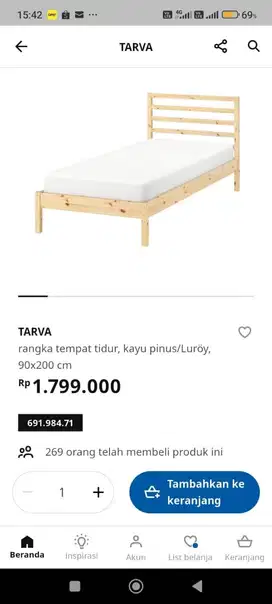 Divan Tempat Tidur IKEA Kayu Pinus Keras Second Berkualitas 120x200 cm