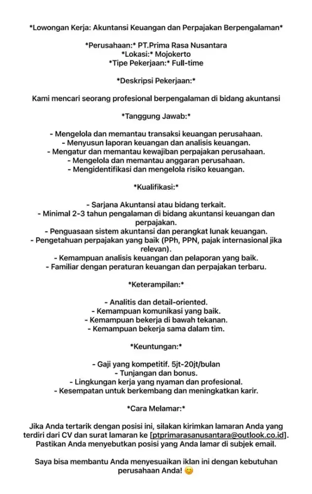 Di Butuhkan segera staff Akuntan