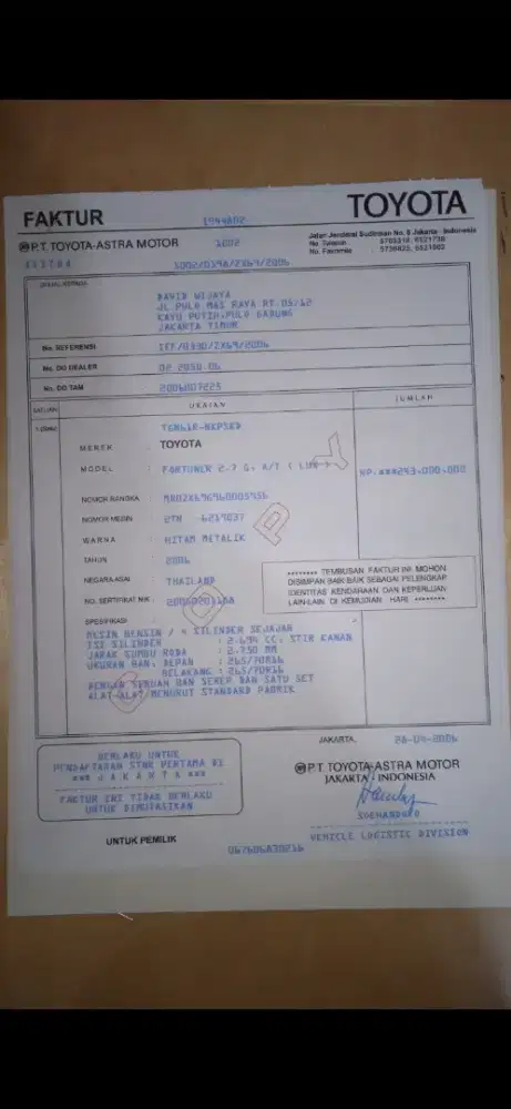 JASA PERCETAKAN FAKTUR KENDARAAN MOBIL/MOTOR