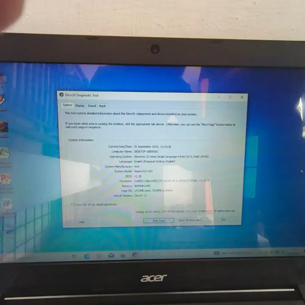 JUAL LAPTOP ACER ASPIRE ES1-432 INTEL CELERON N3350 RAM4GB,HDD500GB