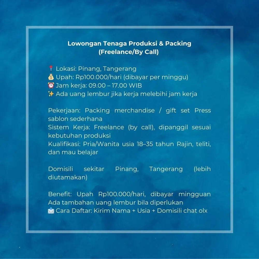 Lowongan Tenaga Produksi & Packing (Freelance/By Call)