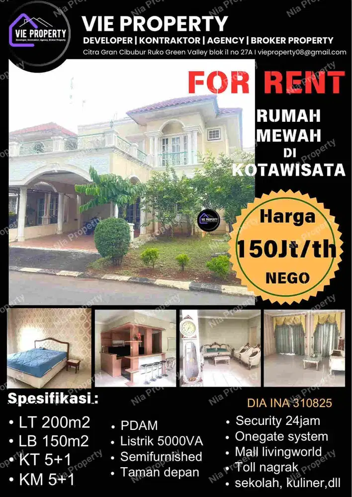 Di Sewakan Rumah Full Furnish 150jt/thn Nego. Kota Wisata Cibubur..