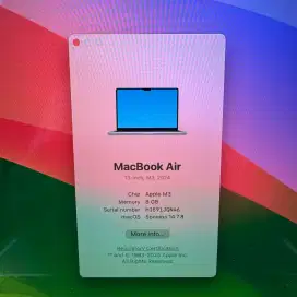 Macbook Air M3 13 Inch Ram 8 Ssd 256  lengkap full set like new Grey