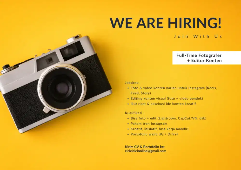 Dibutuhkan Fotografer dan Editor Konten Full-Time