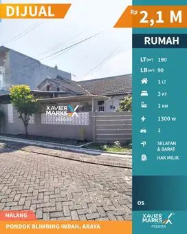 Rumah di PBI Araya Blimbing Malang Nyaman dekat ke Plaza Araya