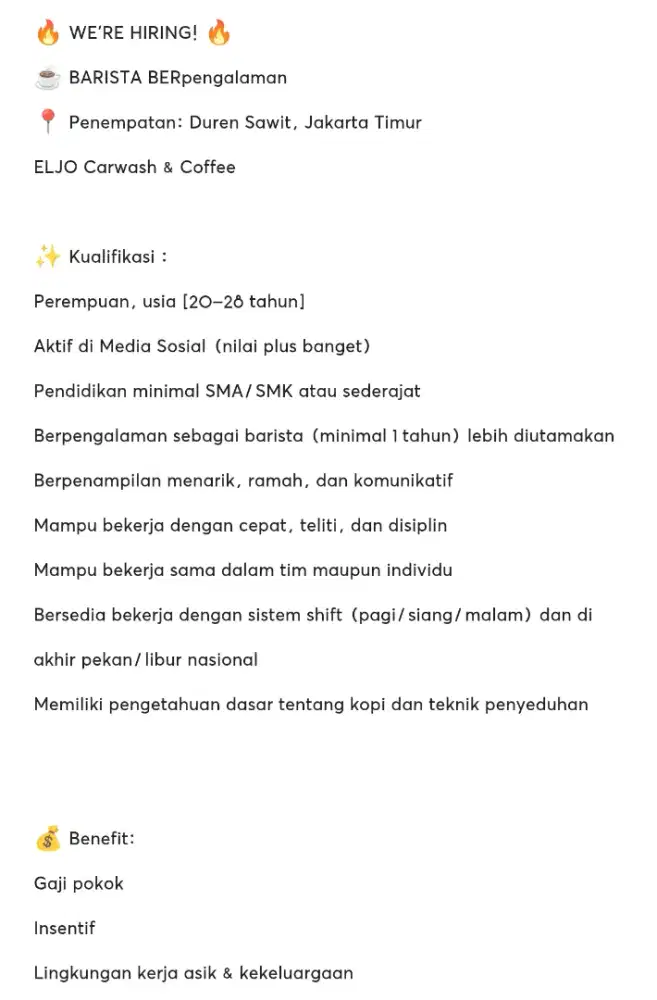 Dibutuhkan Seorang Barista Berpengalaman