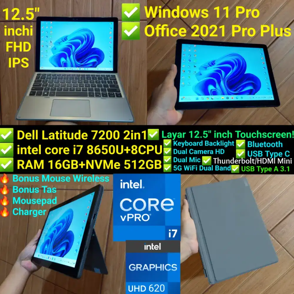 Intel i7 8650U 8CPU RAM 16GB NVMe 512GB Laptop Dell Latitude 2in1
