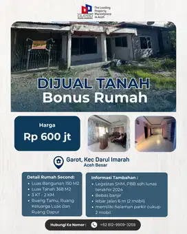 Dijual Tanah Bonus Rumah Second Strategis di Garot, Aceh Besar