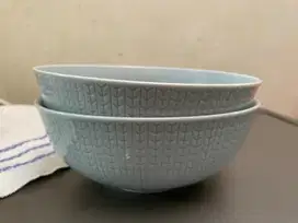 1 set isi 2 mangkok lebar, 7.5 inci, biru muda, Merk Blanc Porcelain