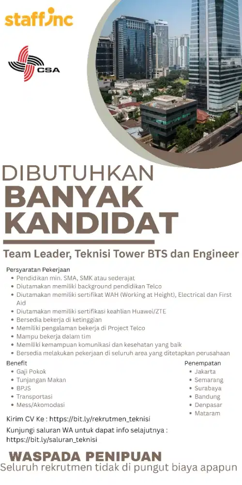 Loker SMA-S1 untuk teknisi