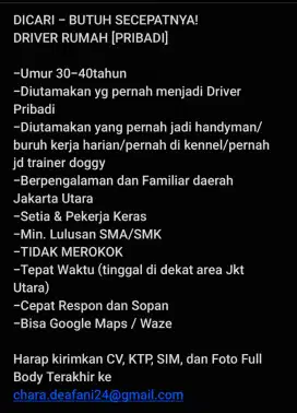 DICARI DRIVER PRIBADI TERBIASA DENGAN DOGGY (BERPENGALAMAN)