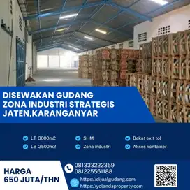 Disewakan Gudang Zona Industri Super Strategis Jaten,Karanganyar 3600m2