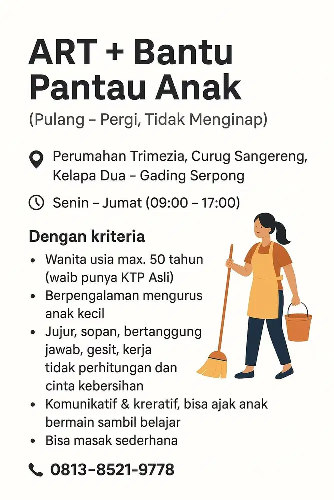 DICARI ART + BANTU PANTAU ANAK (Pulang - Pergi, Tidak Menginap)