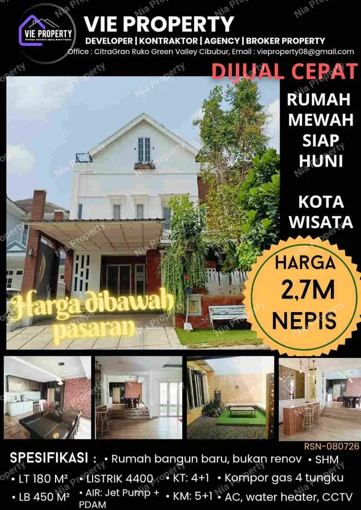 Jual Cepat Rumah Cantik Siap Huni Cluster Favorite.Kota Wisata Cibubur