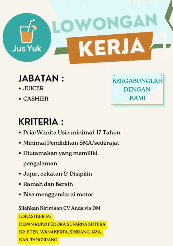 Lowongan Juicer & Cashier Kedai Jus Yuk Sindang Jaya