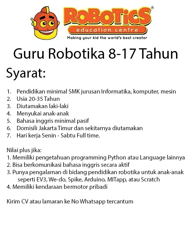 Lowongan Guru Robotika 8-17 Tahun