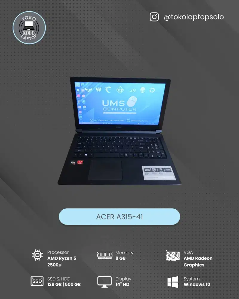 ACER A315-41 AMD RYZEN 5-2500U RAM 8GB SSD 128GB HDD 500GB