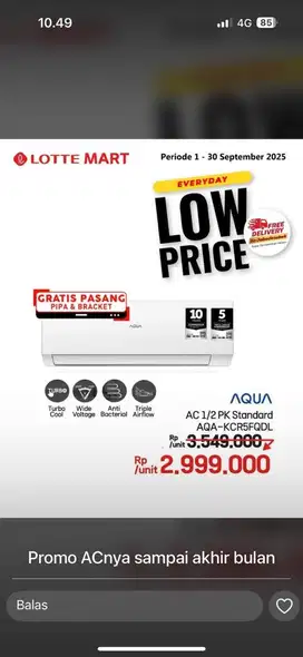 Kredit ac aqua 1/2pk gratis pasang pipa & bracket
