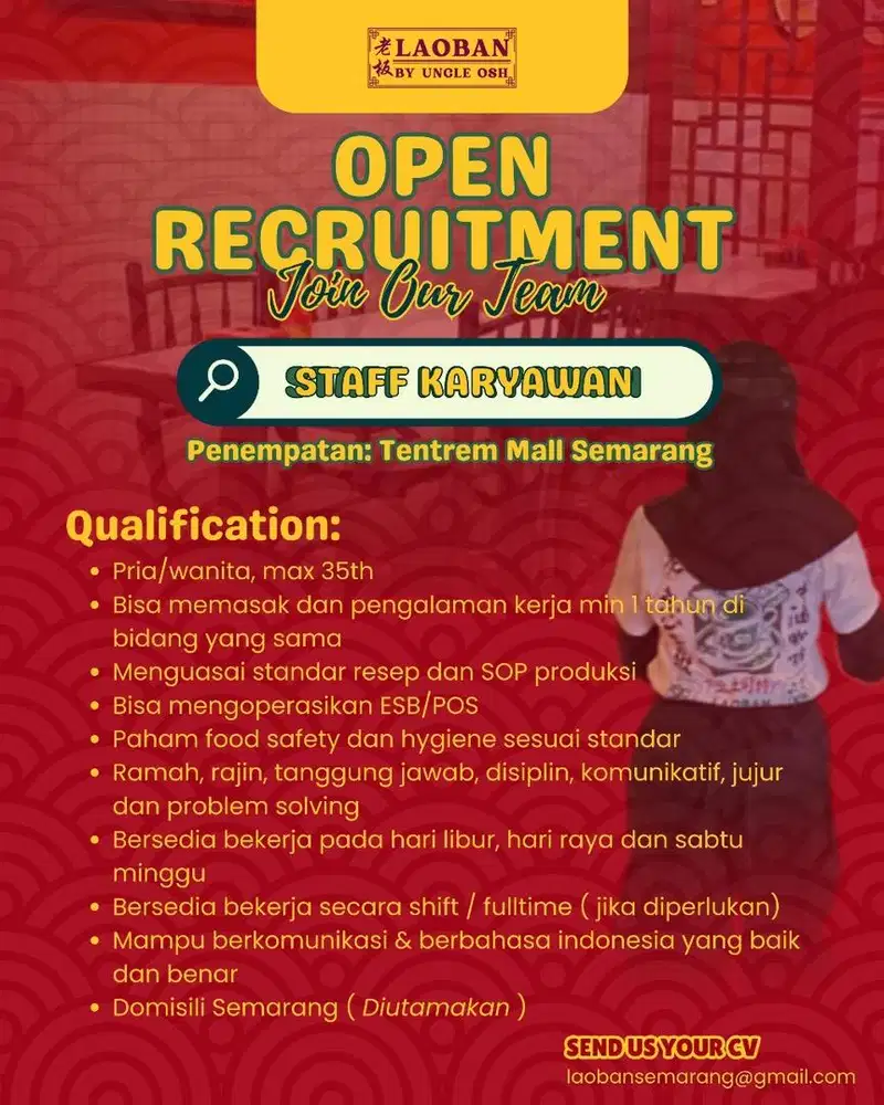 Lowongan Kerja Crew LaoBan By Uncle Osh Semarang Cab. Tentrem Mall