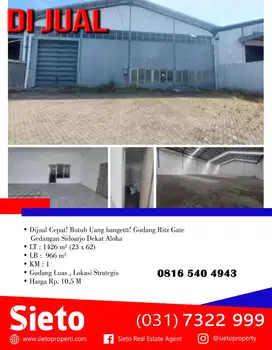Dijual Cepat! Butuh Uang Bangettt! Gudang Ritz Gate Gedangan Sidoarjo | Dekat Aloha