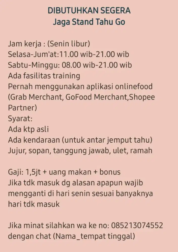Dicari penjaga stand tahu go
