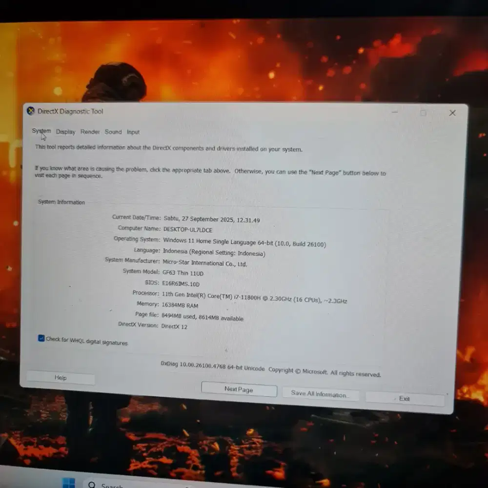 Laptop msi GF 63 Thin 11UD