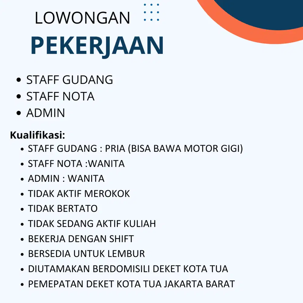 DIBUKA LOWONGAN STAFF GUDANG DAN STAFF NOTA!!!