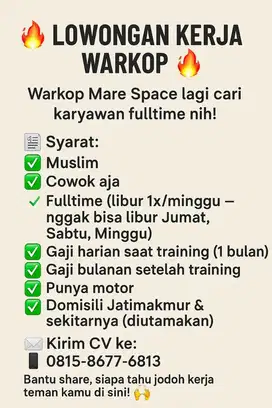 Lowongan fulltime untuk jaga warkop