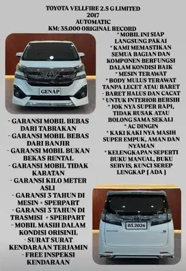 [ KM 35.000 ORIGINAL ] TOYOTA VELLFIRE G LIMITED 2.5 AT 2017