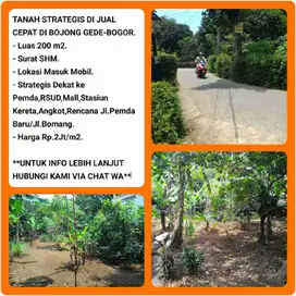 Tanah murah SHM 200m2 Akses jalan mobil lokasi strategis dekat tol dekat stasiun kereta di Bojonggede-Bogor.
