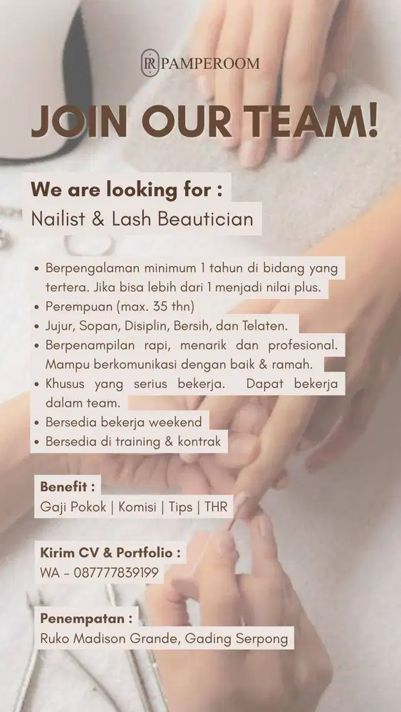 Dicari nailist dan eyelash artist