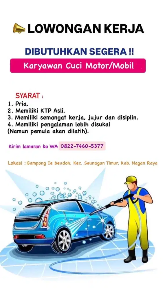 Dicari Karyawan cuci motor/mobil