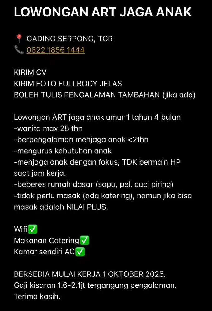 Loker lowongan kerja ART jaga anak nginap gading serpong