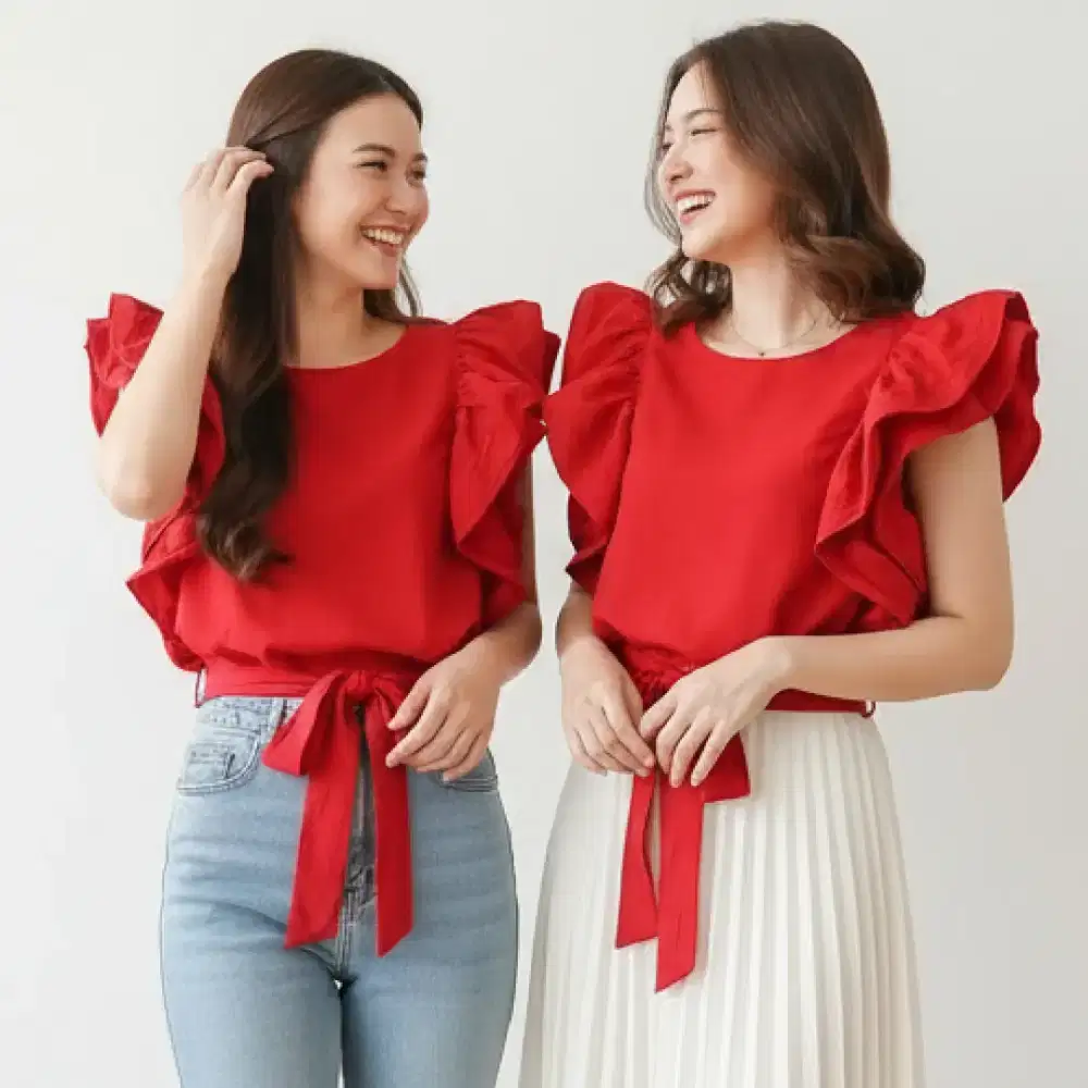 Blouse Wanita Ruffle Merah Kekinian | Atasan Cewek Stylish Bahan Crepe