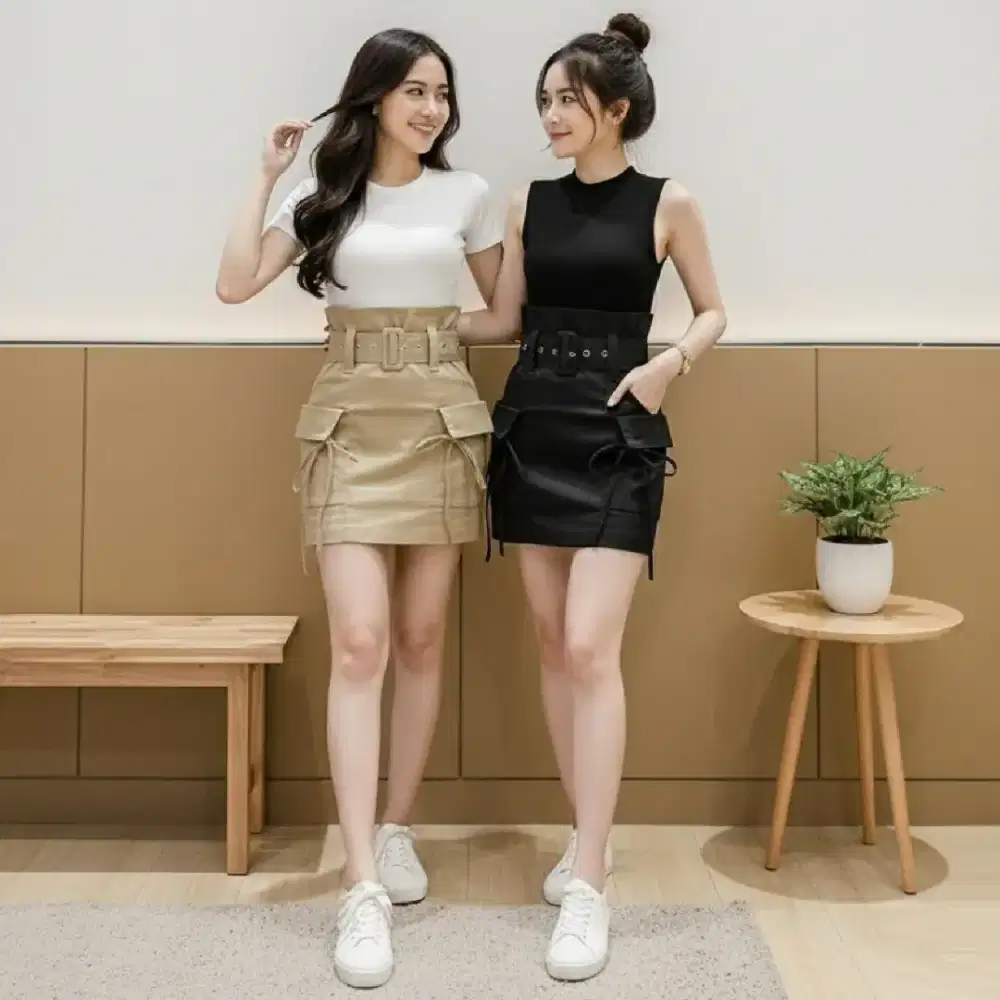 Harru Mini Skirt Wanita Kekinian Dengan Belt & Saku - Bahan Washed