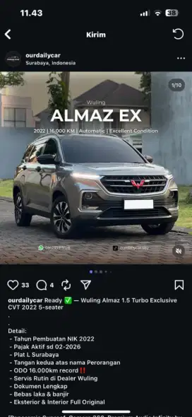 Wuling Almaz Lux CVT 2022 (L) 15 rb km Tgn 1