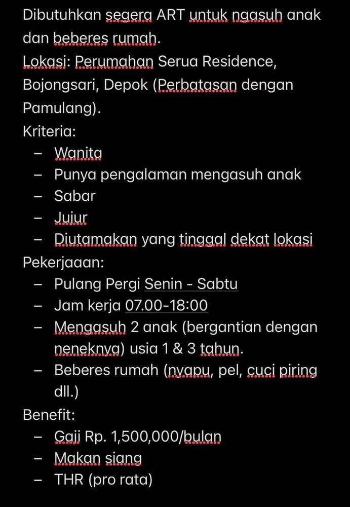 BUTUH CEPATTT!!! ART/PENGASUH DI SERUA BOJONGSARI DEPOK