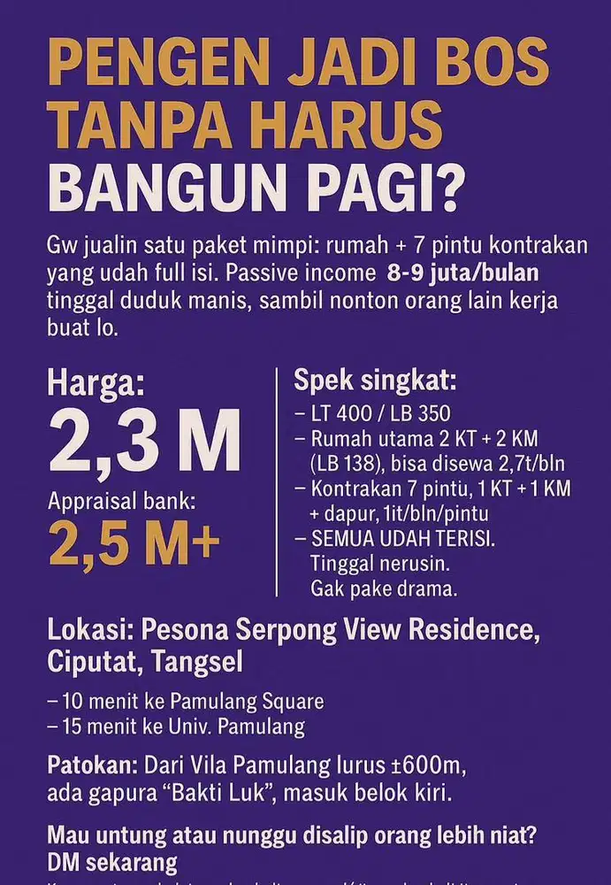 JUAL CEPAT ASET AKTIF, BU & TANPA PERANTARA  (langsung dgn pemilik)