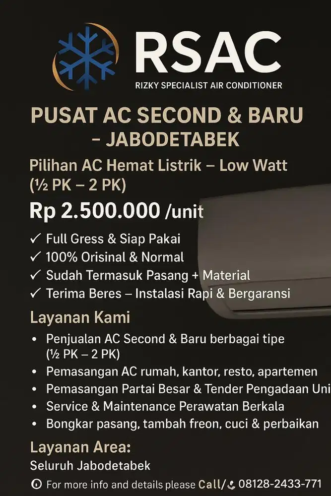 RSAC | PUSAT AC Second & Baru | AC 1/2 PK | 3/4 PK | 1 PK | 2 PK