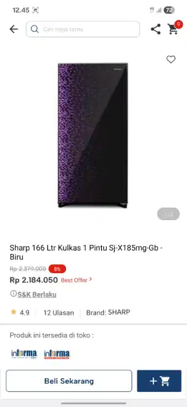 Ready stok kulkas 1 pintu murah