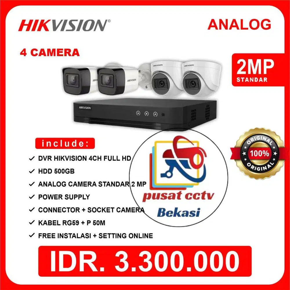 PAKET CCTV HIKVISION 4 CAMERA SUDAH BERIKUT PEMASANGAN