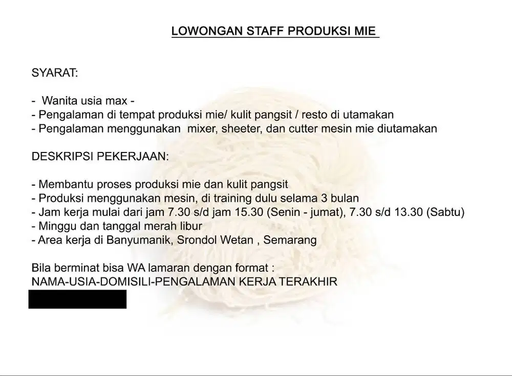 Lowongan Staff Produksi Mie