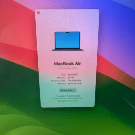 Macbook Air M3 layar 13 Inch Ram 16 Ssd 512 lengkap full set Blue