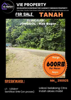 JUAL MURAH TANAH DEKAT PERUMAHAN CITRA INDAH JONGGOL