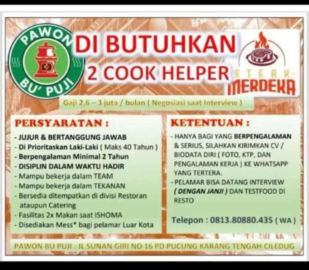 DIBUTUHKAN SEGERA COOK HELPER BERPENGALAMAN